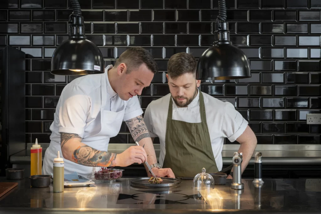 Chef plating food