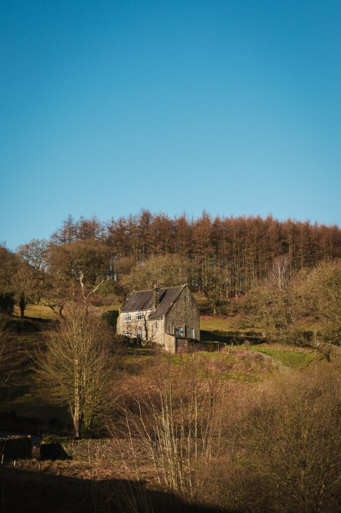 The cottage sits within the hillside with trees surrounding it in the morning sun.