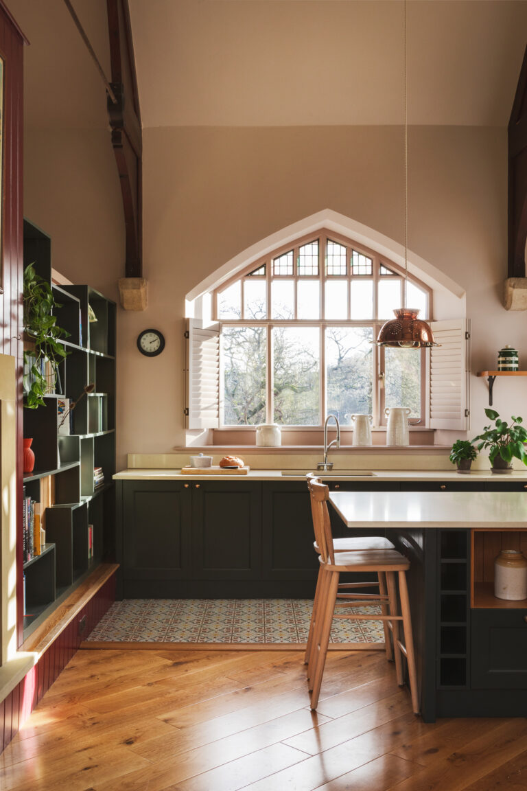 Kitchen view out of the chapel window, with rustic furnishings.