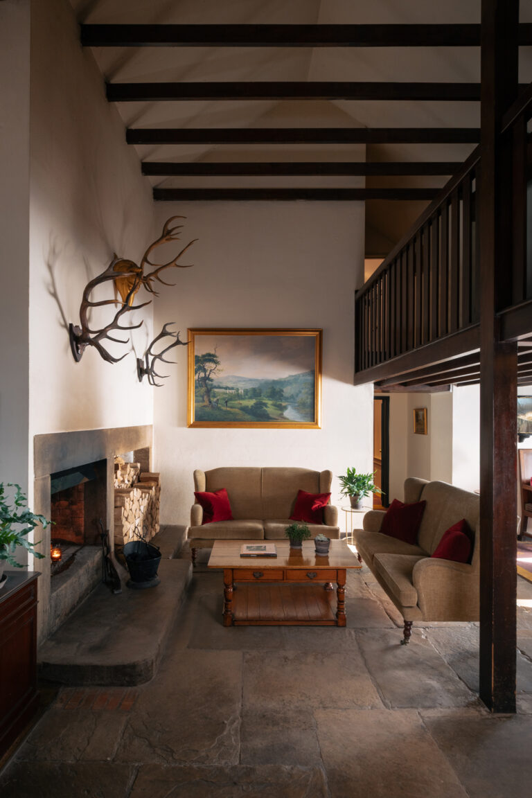 Reception area with burning fire, stacked logs in the corner and seating.