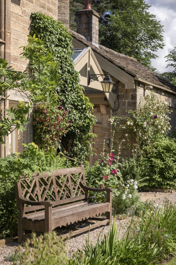 A small wooden bench sits in the garden surrounded by flowers and trees in the sunshine.
