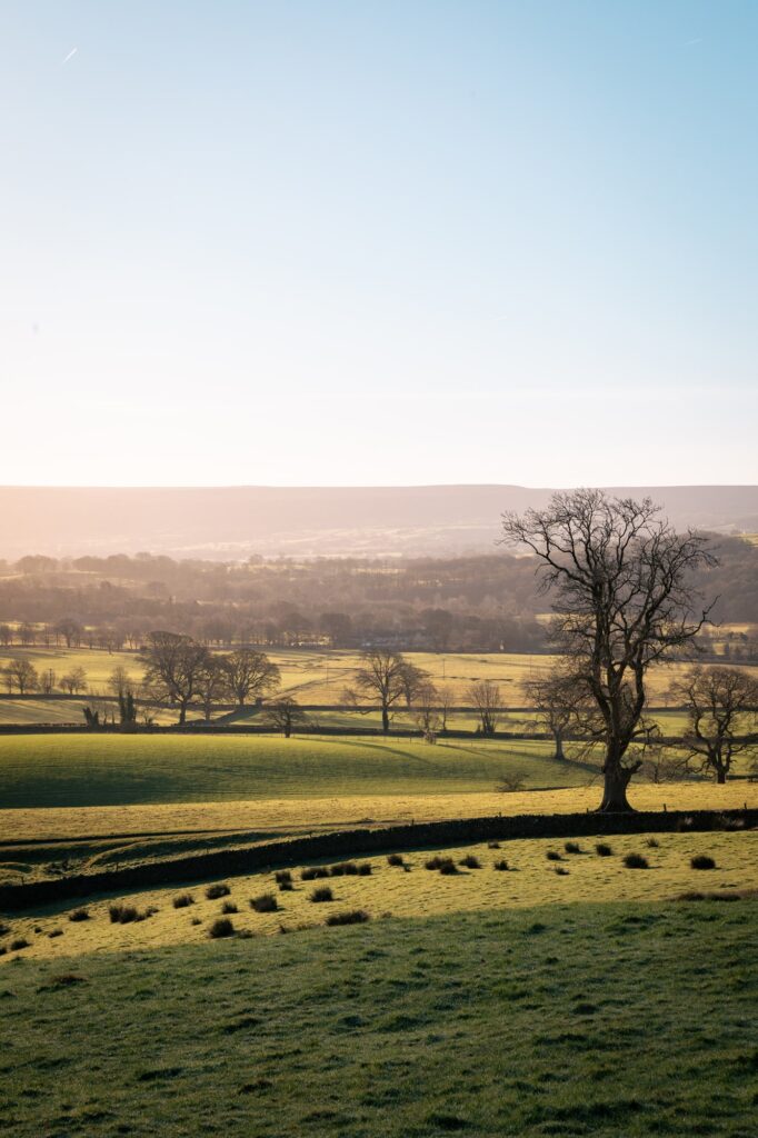 The rolling landscape of the Dales with the misty morning sunrise.